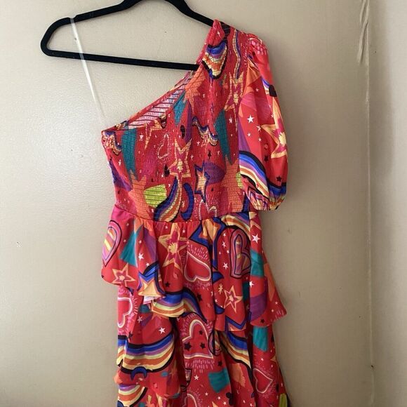 ALDEN ADAIR Stargazing Dress One Shoulder Red Print Asymetrical Satin NWT S - Picture 12 of 14